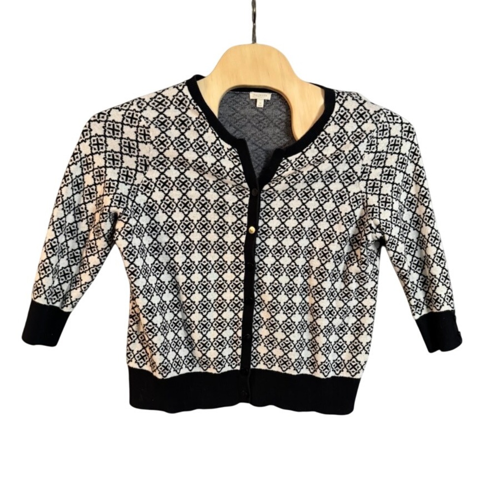 Talbots Woman Black White Geometric Cotton Cardigan Sweater 2X 3/4 Sleeve Crop